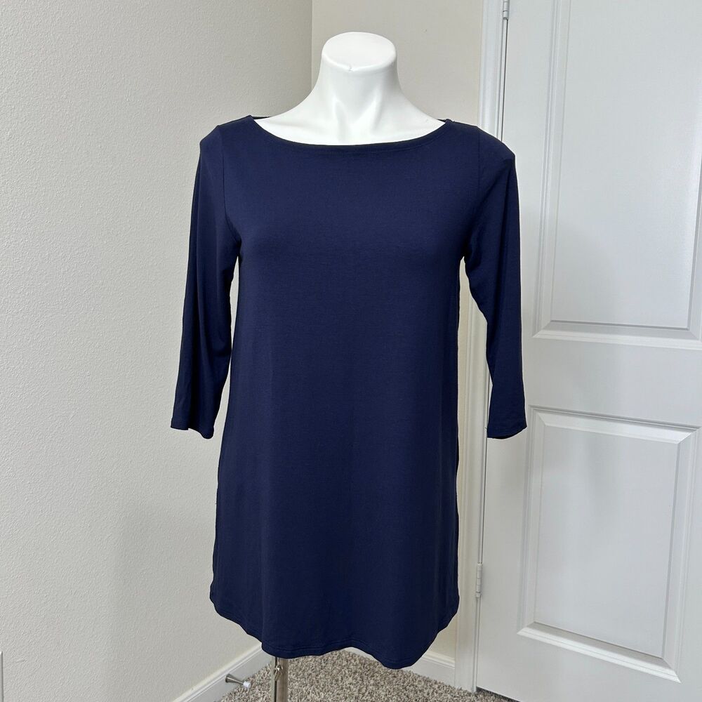 Eileen Fisher Tunic Top Navy Blue Boat Neck Jersey Knit Slit Blouse Small